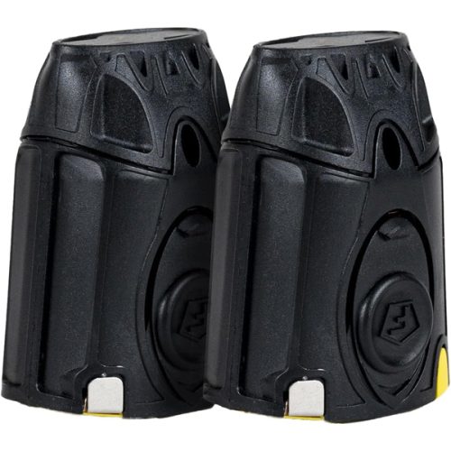 Two TASER LIVE 2 Pack Replacement Cartridges for Pulse, resembling sleek black rechargeable battery packs, are placed side by side on a pristine white background.