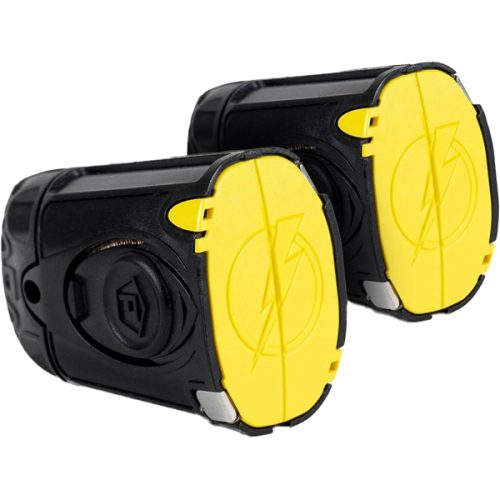 Two black and yellow motion sensor lights with bolt symbols angled left pulse with brightness like TASER LIVE 2 Pack Replacement Cartridges for Pulse.