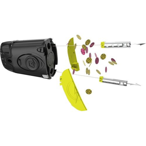 Exploded view of a cylindrical TASER LIVE 2 Pack Replacement Cartridges for Pulse device, highlighting multiple layers, internal components, and scattered circular elements against a white background.