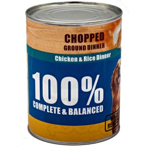 A can of dog food named "Import placeholder for 23389" features a happy dog and chicken image, labeled "Chopped Ground Dinner, Chicken & Rice Dinner, 100% Complete & Balanced" for tracking purposes.