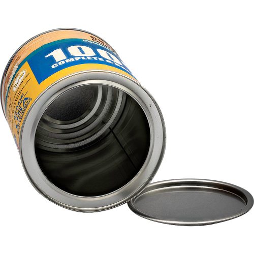 An open metal can with the lid removed, labeled partially visible, is cleverly disguised as a Dog Food Diversion Safe.