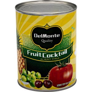 A 30 oz can of Del Monte fruit cocktail in heavy syrup with vibrant pineapple, grape, and cherry images on a yellow background. Product name: Import placeholder for 23391.