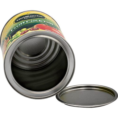 A Mixed Fruit Diversion Safe, featuring a metal can adorned with colorful fruit images and an opened lid beside it, cleverly disguises its role.