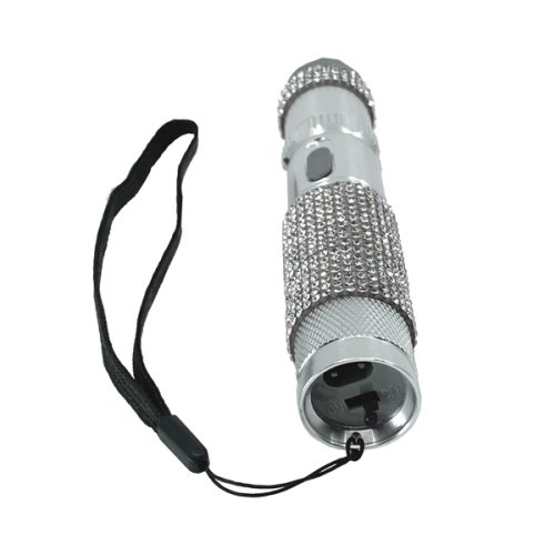 The RhineStun 75,000,000* Stun Flashlight boasts a silver design with a textured grip for secure handling. It includes a sleek black wrist strap for convenience and portability, making it the ideal high-lumen flashlight for any situation.