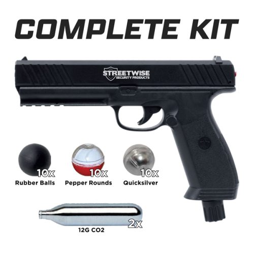 Image of the "Streetwise The Heat Pepper Launcher Complete Kit," featuring a black air pistol, 10 rubber balls, 10 pepper rounds, 10 quicksilver rounds, and two 12g CO2 cartridges.