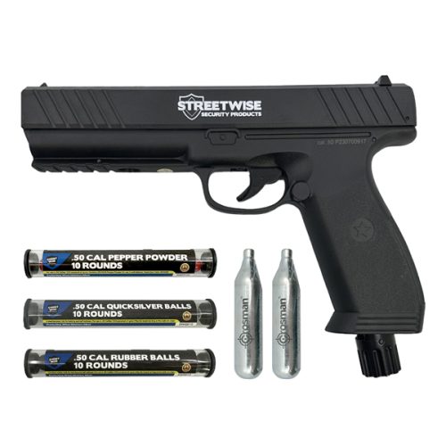 The Streetwise The Heat Pepper Launcher Complete Kit includes a black non-lethal self-defense pistol with three types of .50 caliber projectiles and two CO2 cartridges, offering reliable protection.