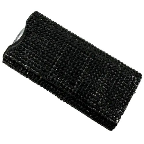 A sleek black rectangular case elegantly adorned with shimmering crystals from the Rhinestun Keychain Stun Gun.