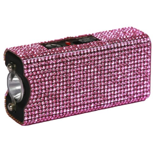 The Rhinestun Keychain Stun Gun is a hand-held device adorned with pink rhinestones, serving as both a keychain and a flashlight.