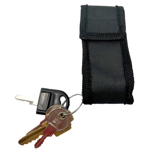 The Rhinestun Keychain Stun Gun features silver and gold keys attached to a sleek black fabric holder with a flap closure.