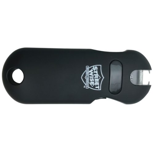 The SMART 24,000,000* Keychain Stun Gun is compact and powerful, with a safety switch, metal prongs at the top, and a keychain hole. Ideal for on-the-go protection.