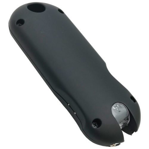 A sleek black compact can opener with a cutting mechanism at one end, perfectly sized to attach to your SMART 24,000,000* Keychain Stun Gun. Stylish and efficient.