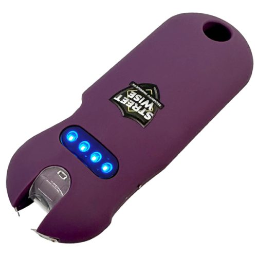 The compact and sleek SMART 24,000,000* Keychain Stun Gun in purple features the "Streetwise" logo, four blue LED lights, and a discreet safety switch for personal security.