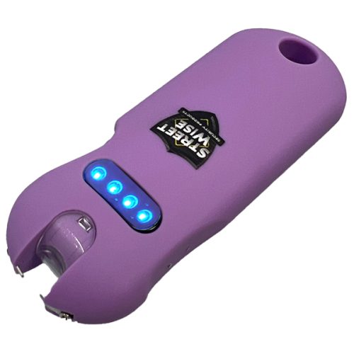 The "SMART 24,000,000* Keychain Stun Gun" in purple is a handheld device featuring four blue LED indicators and a small flashlight for preparedness.