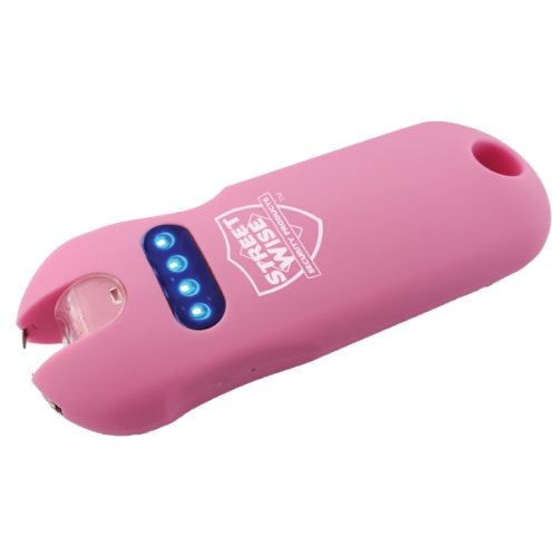 The pink SMART 24,000,000* Keychain Stun Gun features blue indicator lights and "Street Wise" on the front. Its compact design easily attaches to your keychain, ensuring you remain protected and smart about safety.