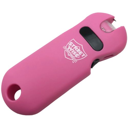 The SMART 24,000,000* Keychain Stun Gun features a pink curved design with a "Street Wise" logo and includes a bottom loop for easy attachment. This compact stun gun combines style and convenience for personal safety.