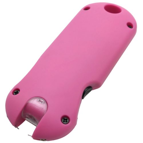 The SMART 24,000,000* Keychain Stun Gun is compact and stylish in pink, featuring two bottom prongs and a convenient side button for easy use.