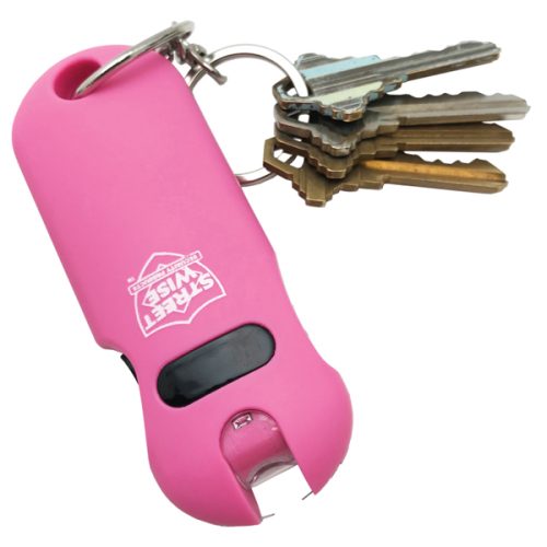 The pink "SMART 24,000,000* Keychain Stun Gun" functions as a keychain with a built-in self-defense device for convenience and safety on the go.