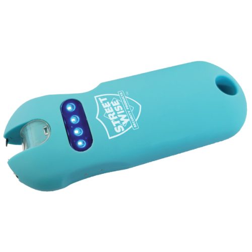 Introducing the SMART 24,000,000* Keychain Stun Gun—a compact defense tool in striking blue. With three LED lights for clarity and a handy keyring hole, it combines safety and portability in a powerful package.