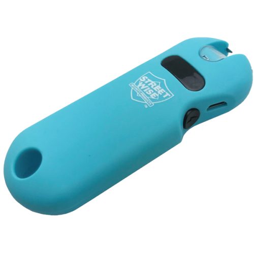 The SMART 24,000,000* Keychain Stun Gun is a compact blue model with a black button and LED light, designed to smartly fit on your keychain for easy access.