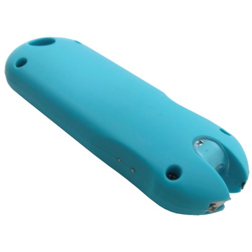 The SMART 24,000,000* Keychain Stun Gun is a compact and stylish blue device with an ergonomic design, featuring a built-in flashlight for added function and appeal.