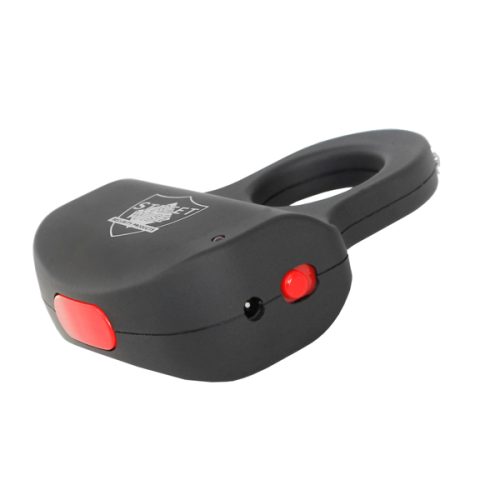 The Sting Ring 18,000,000* Stun Gun is a sleek black handheld alarm device with a red activation button and loop handle, featuring a discreet Sting Ring for enhanced safety.