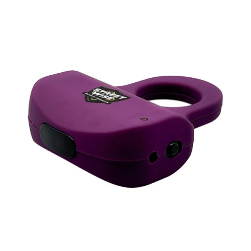 A purple electronic lock with a round shackle and a central logo features innovation similar to the Sting Ring 18,000,000* Stun Gun.