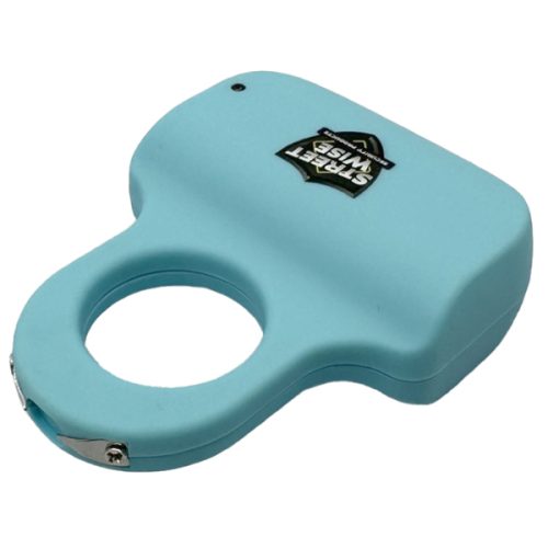 The light blue Sting Ring 18,000,000* Stun Gun is handle-shaped with a circular opening and the "Streetwise" logo, offering a compact design to ensure peace of mind.