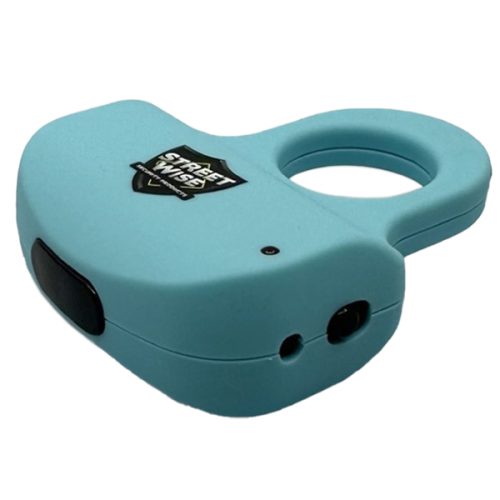 The light blue personal alarm "Street Wise" features a loop and button, offering the stealth of the Sting Ring 18,000,000* Stun Gun for enhanced security.