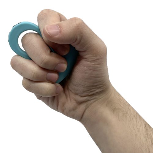 A hand grips a turquoise Sting Ring 18,000,000* Stun Gun with a finger hole against a white background.