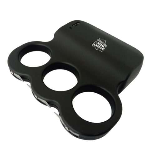 Black four-hole knuckle duster-style self-defense tool branded with TRIPLE Sting Ring 28,000,000 Stun Gun technology for added security.