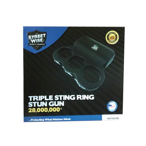 Feel safe with the TRIPLE Sting Ring 28,000,000 Stun Gun. This elegantly packaged device delivers 28 million volts and features a unique circular grip design for easy handling.