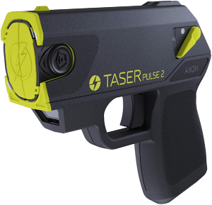 Black and yellow Taser Pulse 2 with a visible logo and trigger, designed for personal safety and self-defense.