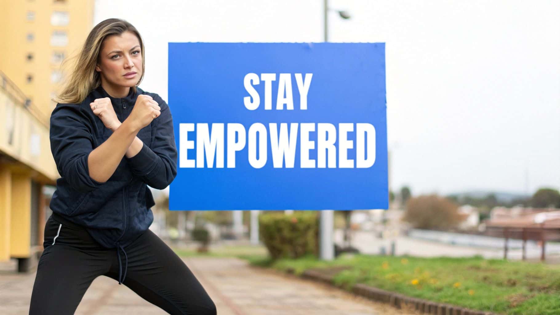 A woman in athletic wear stands outdoors with arms crossed in front of her chest. Next to her is a blue sign that reads "STAY EMPOWERED.