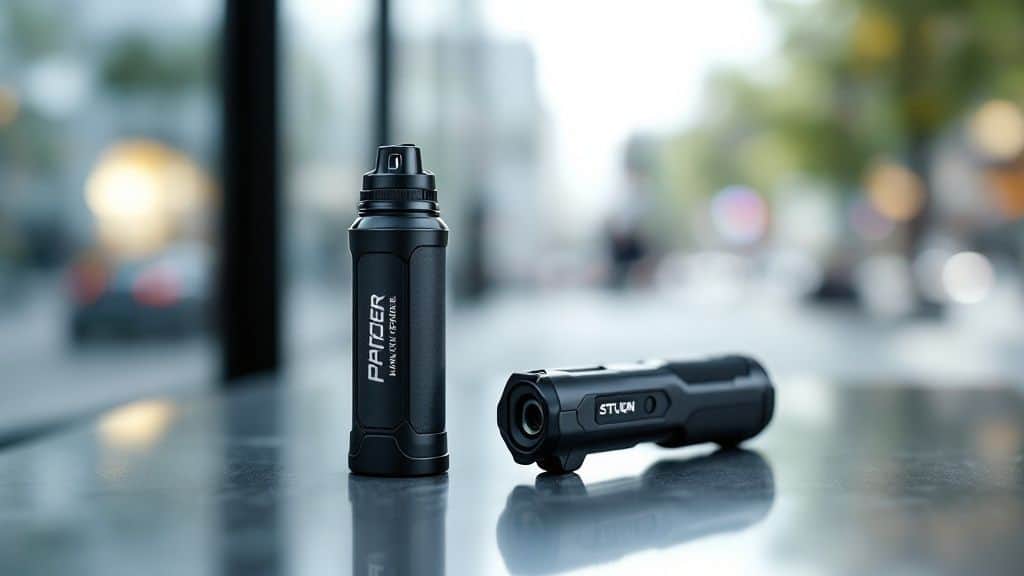 Two black self-defense devices, one upright labeled "PRIMER" and one lying down labeled "STUN," are placed on a reflective surface with a blurred city background.