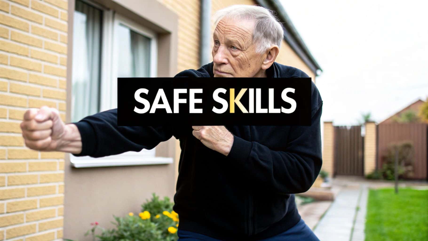 An older man practices a defensive martial arts pose outdoors, with the words "SAFE SKILLS" displayed across the image.