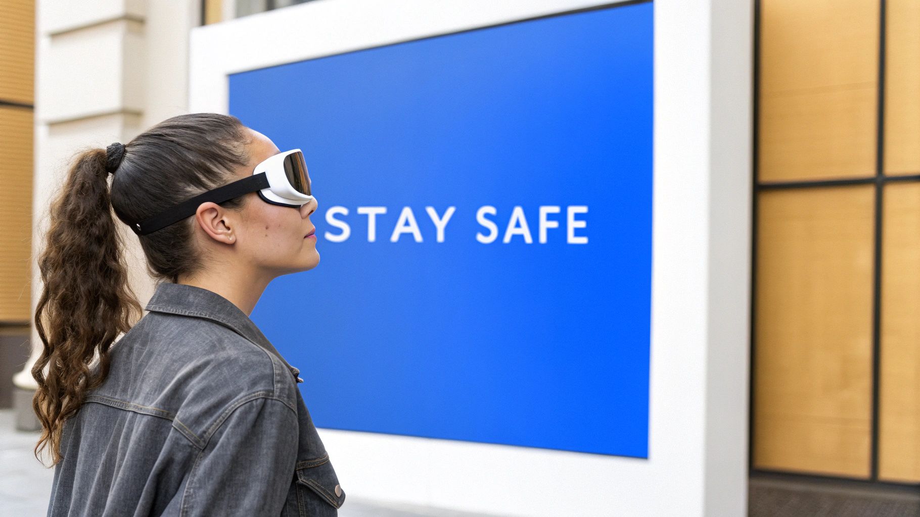 A person wearing protective goggles stands in front of a large blue sign that says "STAY SAFE.