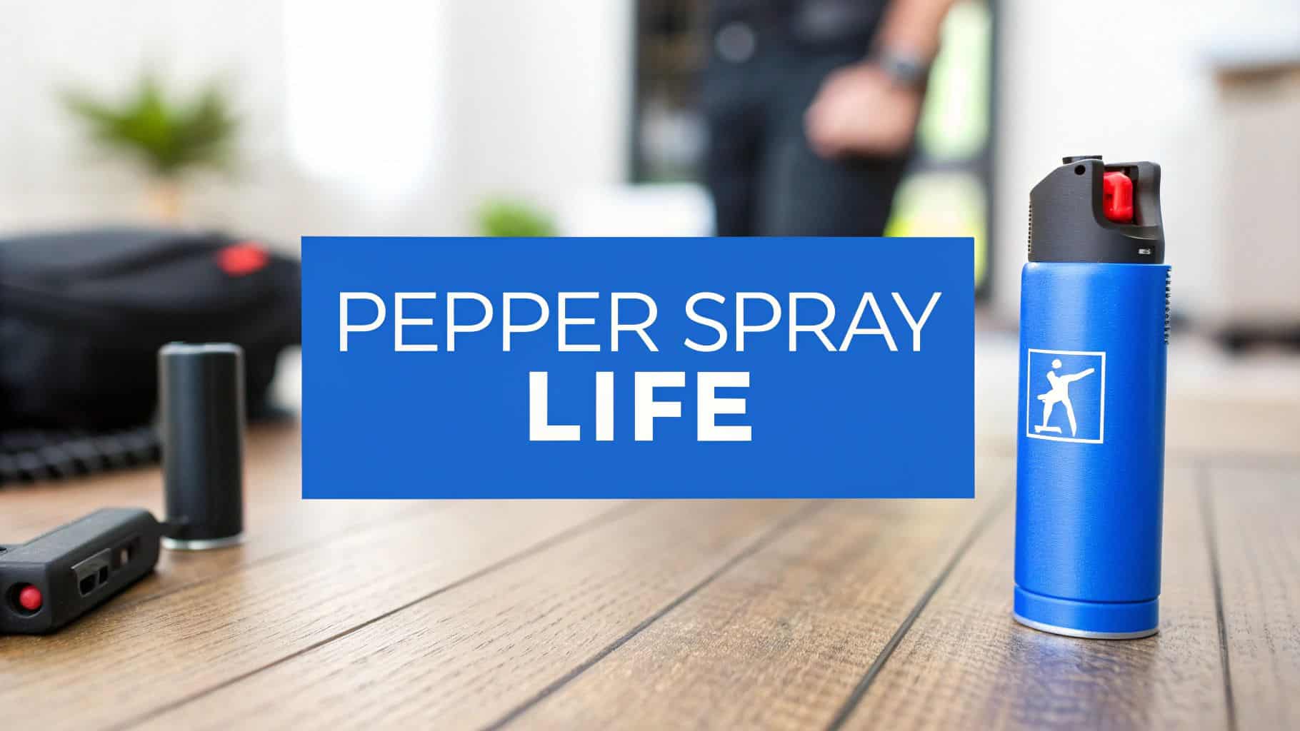 A blue pepper spray canister sits on a wooden floor next to a bag, with the text "PEPPER SPRAY LIFE" in bold white letters overlaid.
