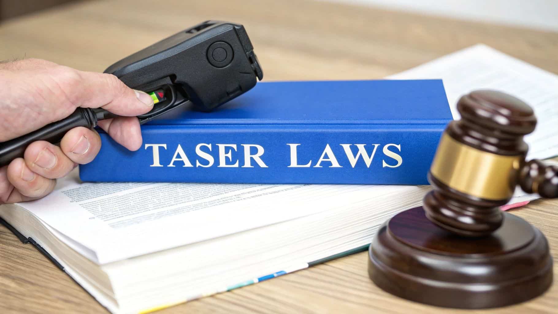 A hand holding a taser device over a blue book titled "TASER LAWS," next to a gavel and open legal documents on a desk.
