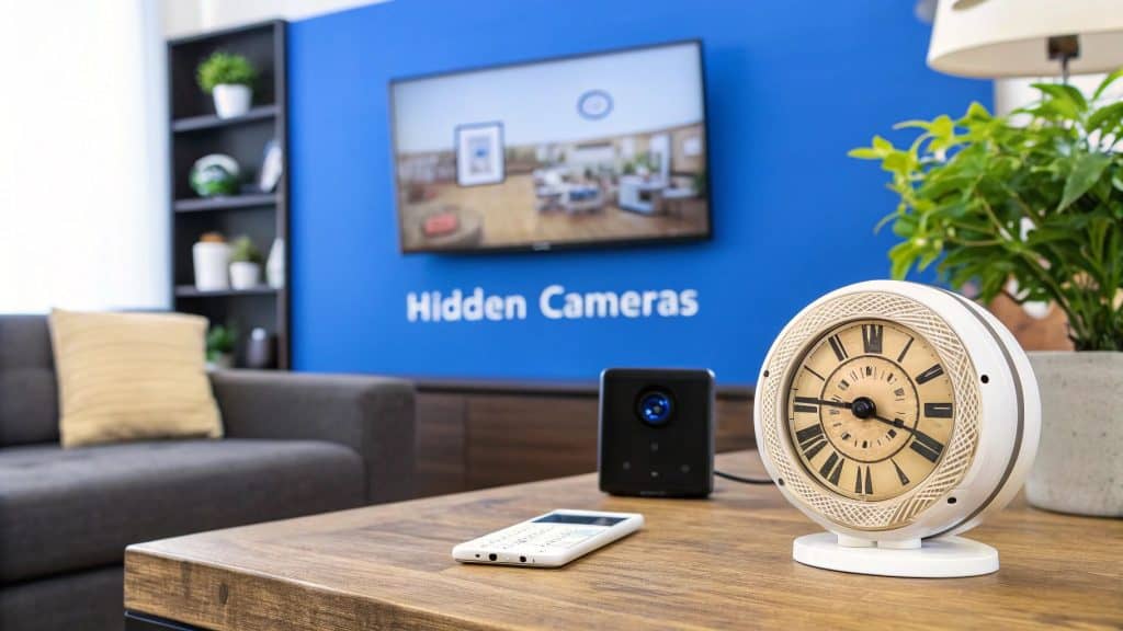 A living room with a clock, remote, and small camera on a table; a TV screen and sign reading "Hidden Cameras" are visible in the background.