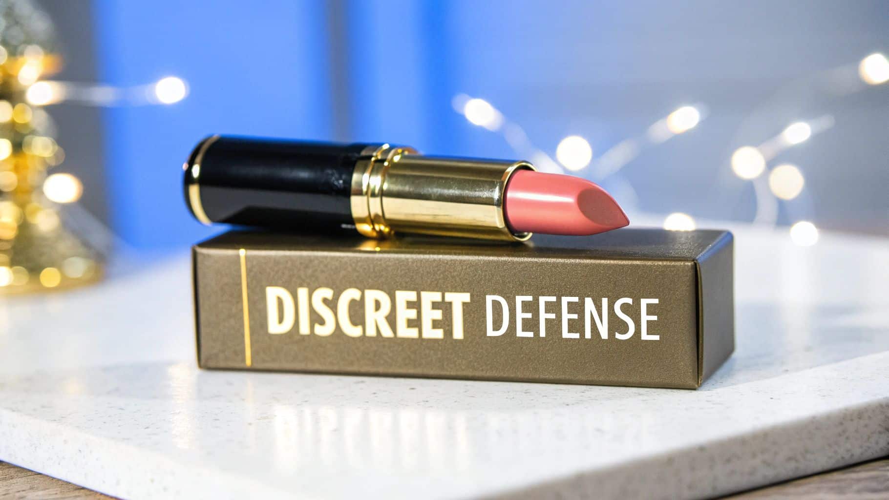 A pink lipstick with a gold and black tube rests on a box labeled "DISCREET DEFENSE"; blurred lights are in the background.