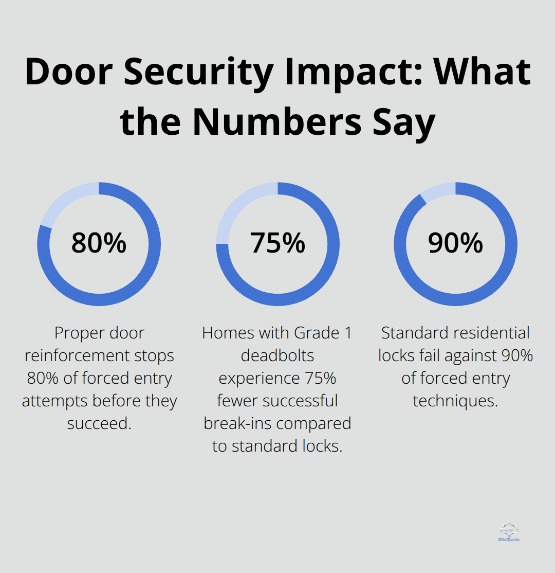 Infographic showing 80% of forced entries stopped by reinforcement, 75% fewer break-ins with Grade 1 deadbolts, and 90% failure rate of standard locks. - Door reinforcement